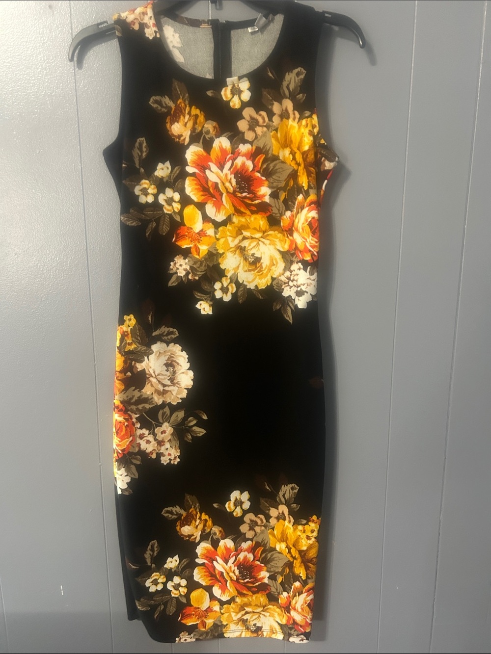 Olivia Matthews Black Midi Dress with Yellow, Orange & Cream Floral Clusters